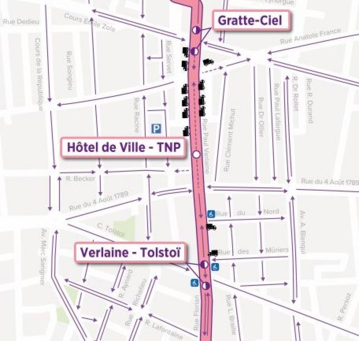 Plan de circulation entre les arrêts Gratte-ciel et Verlaine Tolstoï.
